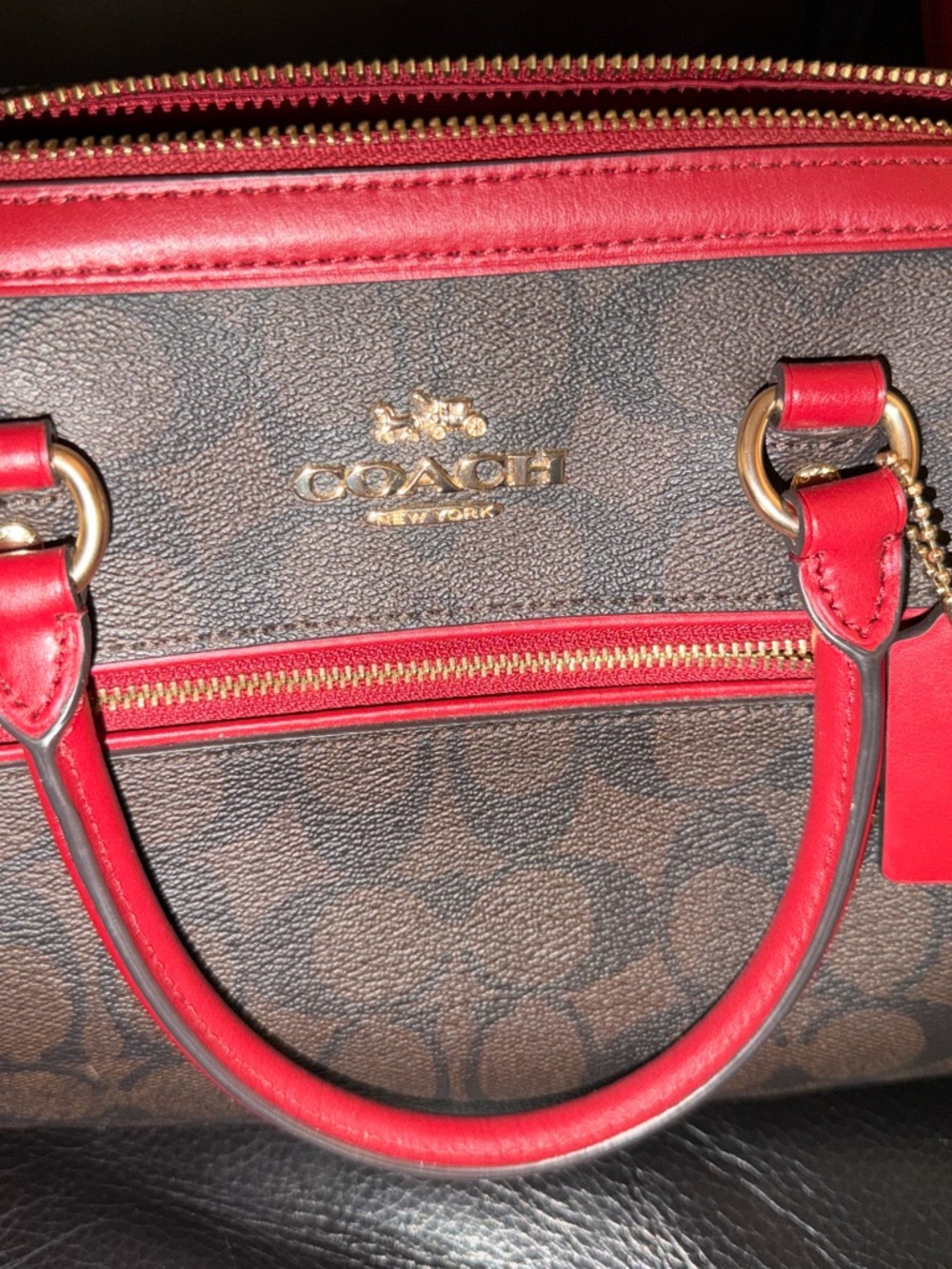 Coach Brown Signature Satchel with Red Trim and Gold Hardware